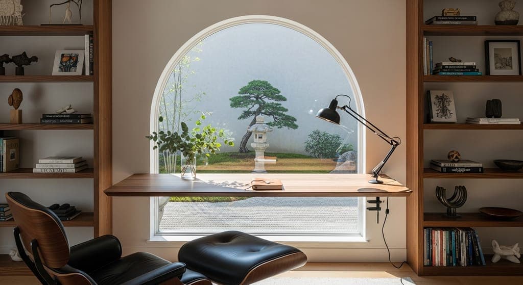 Home office przy oknie, japońskie drzewa