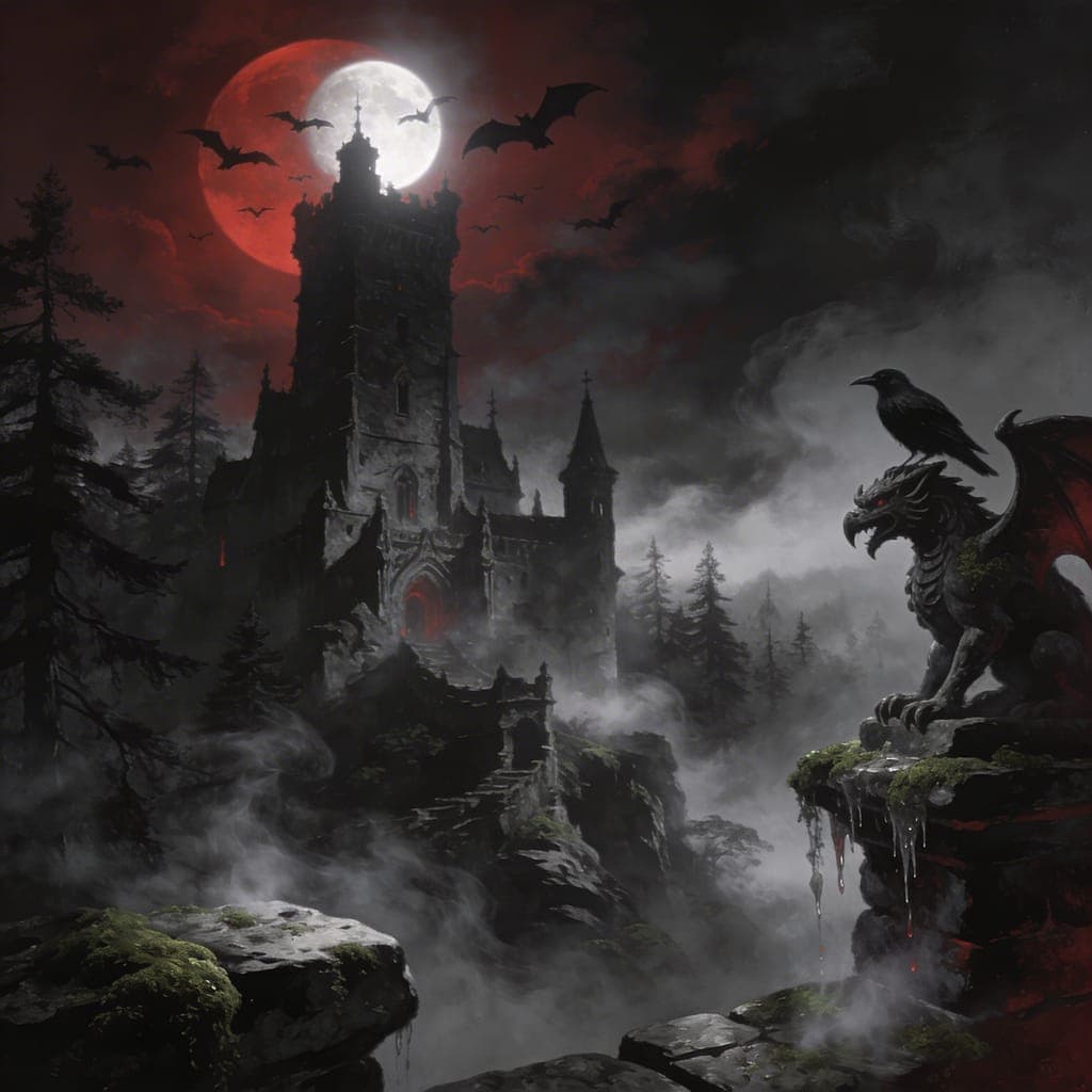 Gotycki zamek, mgła, fantasy